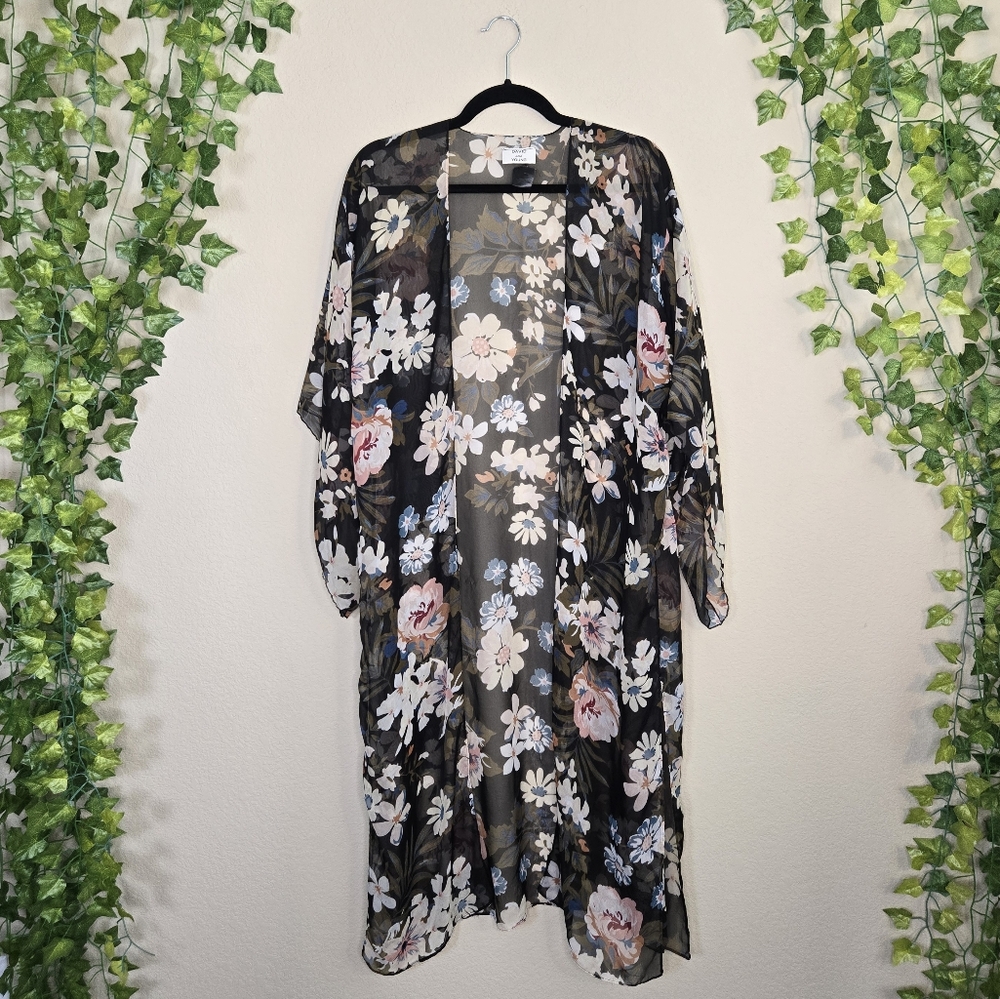 David & Young Black, Pastel Blue, Orange & Cream Floral Sheer Kimono Duster OS